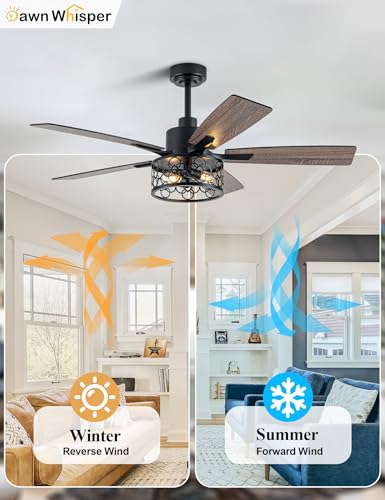 Image of Dawn Whisper 52 Inch Farmhouse Ceiling Fans with Lights and Remote Quiet and Reversible DC Motor Black Industrial Rustic Caged Ceiling Fan for Bedroom Living Room Covered Patio (12-Black)