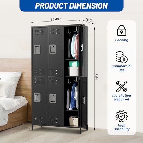 GarveeHome 6 Doors Metal Office Storage Cabinet, Metal Lockers for Employees with 12 Hooks and 6 Shelves, 72 Inch Tall Steel Storage Cabinet Locker for Home, Office, Gym, School, Black