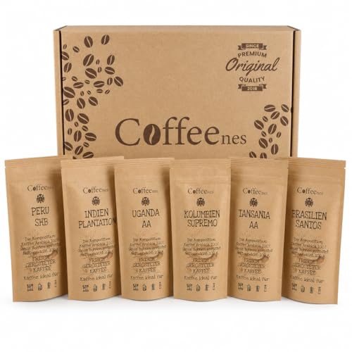 Kaffee Geschenk - Kaffeebohnen Geschenkset 6x100g Probierset Arabica für Vollautomaten | Single-Origin aus 6 Ländern, Ganze Bohnen | Geschenkidee für Kaffeeliebhaber, Männer & Frauen | Coffeenes