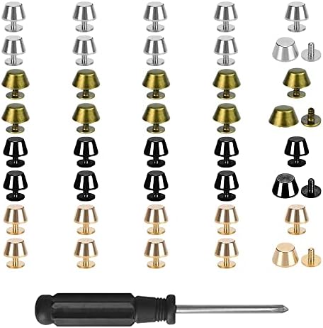 XAVSWRDE Feet Nailhead, 40 PCS 10mm Flat Stud Rivet Metal Rivet Studs Screw Nail Bucket Type Foot Nailhead Leather Spikes Studs with Screwdriver for DIY Clothing Shoes Bag Leather Craft (4 Colors)