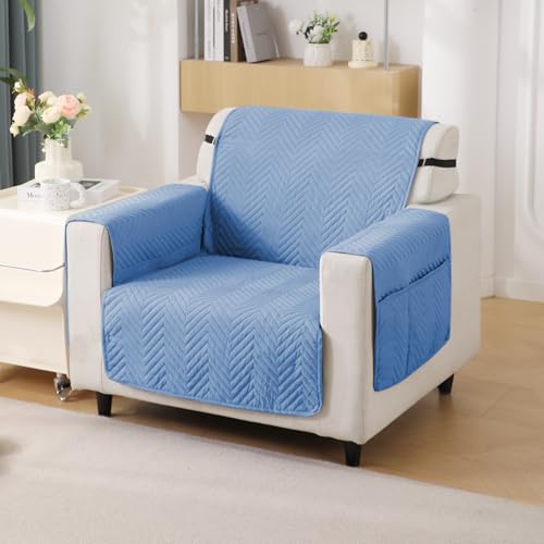 Image of HOKIPO Polyester 1 Seater Quilted Sofa Cover with Pockets, Blue (In-801-Bl)