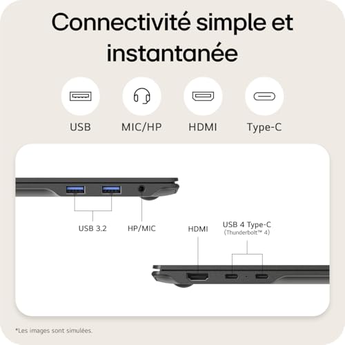 LG Gram Pro 17Z90TR-E.AD8BF - PC Portable 17" 1479g, écran IPS QHD+ 16:10, Plateforme Intel® Evo™ Ultra 7 255H, RAM 32Go, SSD 2To NVMe, NVIDIA RTX5050 avec GDDR7 8Go, Thunderbolt™ 4, Windows 11 Home