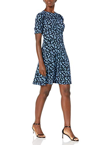 Amazon Brand - Lark & Ro Women s Puff Sleeve Crew Neck Fit and Flare Dress, Dark Navy Sky Scattered Floral, 6