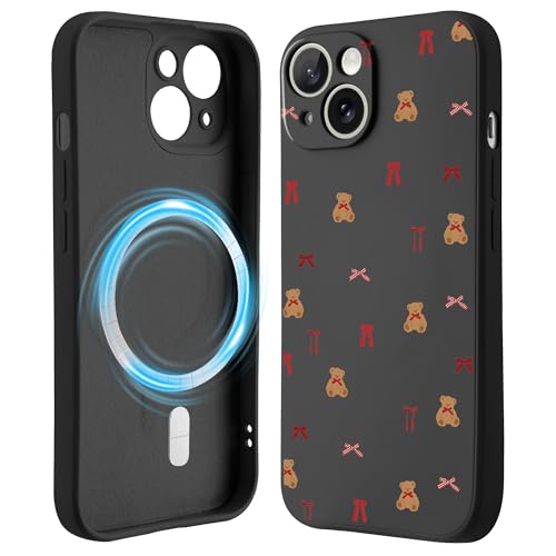 Coque iPhone 15 Lovely Bear ours rouge en silicone liquide magnétique noir