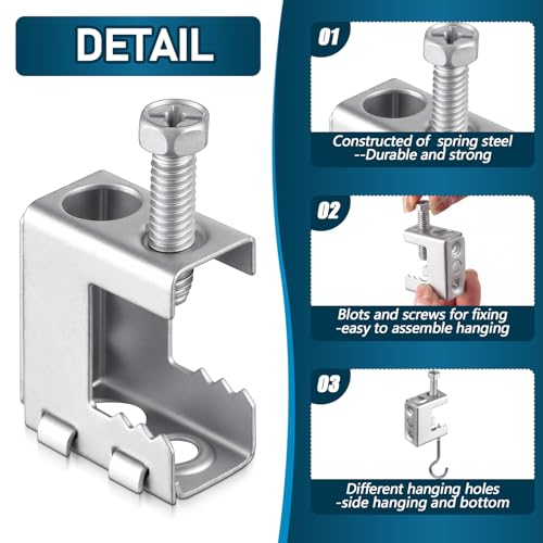 Image of Tandefio 100 Pcs 1 /4 inch-20 Spring Steel Beam Clamps Metal Beam Hangers Bolt on Clamp for Installation on Beams 1 /4 inch and 3 /8 inch Threaded Rod, S Hooks Bridle Rings for Pipe Cable Woodworking Tool (Silver)