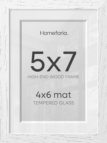 Image of Homeforia White Picture Frames 5x7, High End Oak 5x7 Wooden Frame with Mat 4x6 Art, 5 x 7 White Wood Frames Matted to 4 x 6 inch Photo, 7by5 Wall or Tabletop Frame, Tempered Glass, Wall Kit, Set of 2
