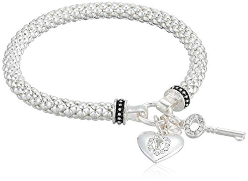 NINE-WEST-Womens-Boxed-Silver-Heart-Key-Stretch-Bracelet-Size-0