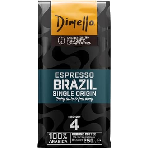 Dimello Single Origin Espresso Brazil Ground Coffee (250g) - Soft, Sweet Taste, Notes of Roasted Nuts and Milk Chocolate and Mild Intensity (Brazil) Cover