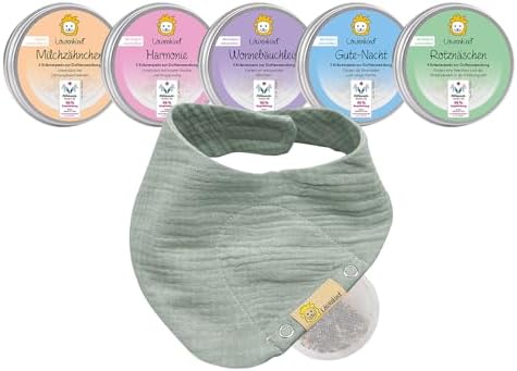 LÖWENKIND Rundum-Sorglos-Special für gängige Kinderwehwehchen | Erkältungszeit, Zahnen, Schlafen, Bauchbeschwerden, Unruhe | 5x5 natürliche Kräuterpads | Musselin-Halstuch aus Bio-