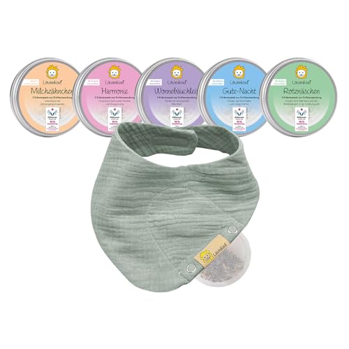 LÖWENKIND Rundum-Sorglos-Special für gängige Kinderwehwehchen | Erkältungszeit Zahnen Schlafen Bauchbeschwerden Unruhe | 5x5 natürliche Kräuterpads | Musselin-Halstuch aus Bio-Baumwolle (Pistazie)