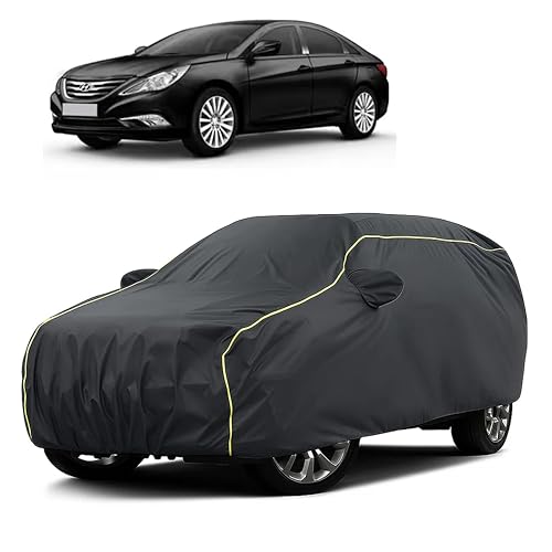 Image of Sulfar 100% Water Resistant Car Body Cover Compatible with Mirror for Hyundai Sonata Transform (Triple Stitched, Full Bottom Elastic, Dark Grey Taffeta with Yellow Piping)