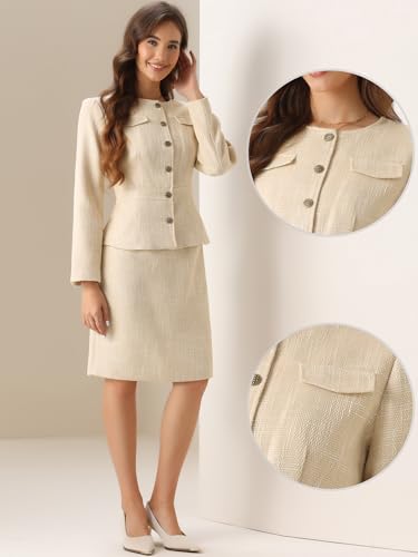 Allegra K Suit Set for Women's 2 Piece Outfits Tweed Peplum Collarless Blazer Jacket and Skirt Sets2