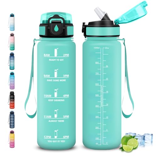 Grsta Botella Agua 1 Litro, Botella Agua Deporte, Botellas Reutilizable con Pajita, Fácil de Limpiar, Botellas de Agua, A Prueba de Fugas, Marca de Tiempo, para la Ciclismo, Senderismo, Correr