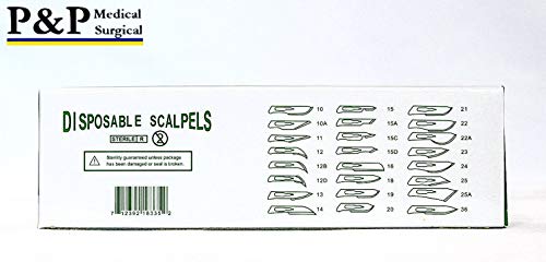 Disposable Scalpels Sterile Surgical Blade Size 22 Stainless Steel with Plastic Handle & Metric Line Individually Foil Wrapped by P&P MEDICAL SURGICAL Box of 10