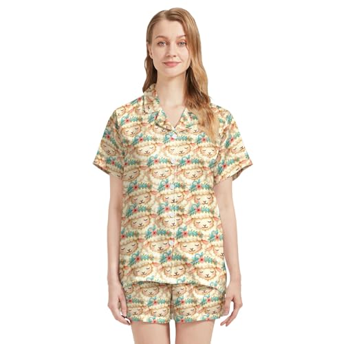 Image of Silk Satin Pajama Set for Women Summer Lounge Pjs Sets 2 Piece Suit Ladies Button Down Tops And Shorts Sleepwear