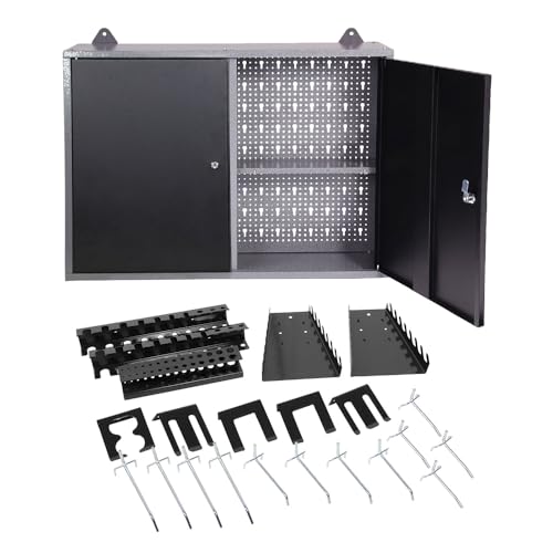 JZD Steel Hanging Upper Garage Cabinets with 22 Tool Hooks, Black & Grey