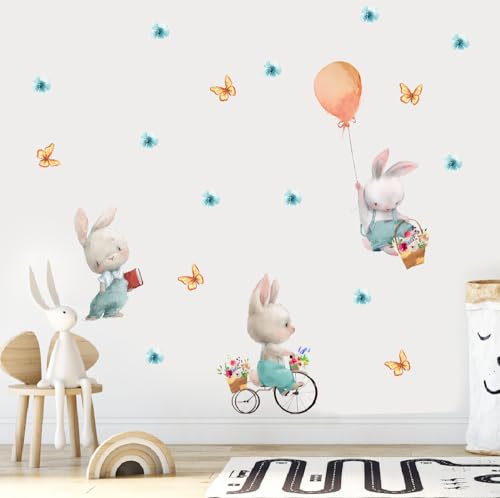Image of Cute Bunnies with Flower Balloon Butterfly Wall Stickers for Kids Room Bedroom Living Room Door Study Boho Nursery Wall Decoration Wall Sticker for Baby Boy Girl Room Playroom Decor