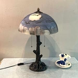 Bieye l10973 bats flying over garveyard at full moon night hand painted glass table lamp for helloween decor blue 14×22 inch  urban country home decor