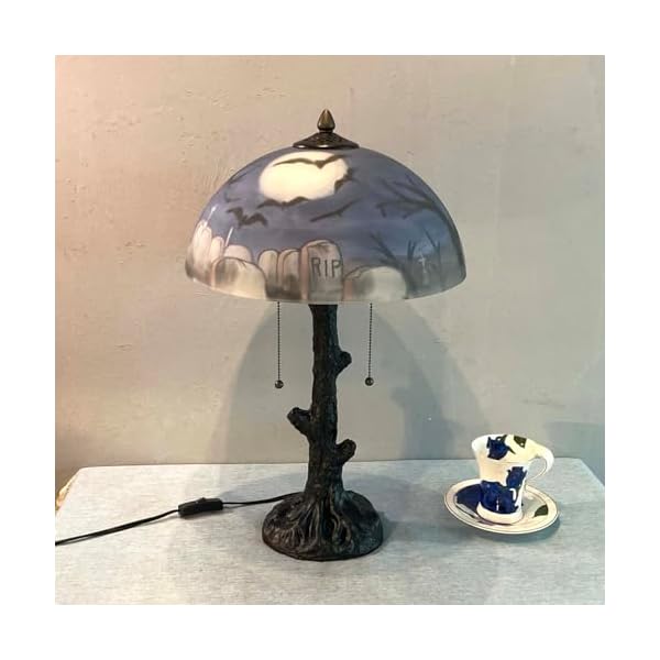 Bieye l10973 bats flying over garveyard at full moon night hand painted glass table lamp for helloween decor blue 14×22 inch  urban country home decor