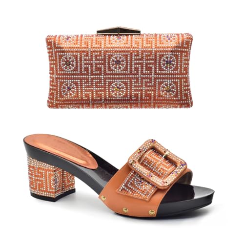 Women's Fashion Italian Rhinestone Decorated Shoe and Bag Set with Square Heel Slip-On Closure Round Toe Party Pumps