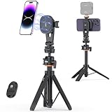 VRIG スマホ 三脚 マグネット Magasfe対応 自撮り棒 スマホホルダー三脚 磁気マグネット式 軽量 4段伸縮 22-55cm 超強力磁力 Bluetoothリモコン付 360度雲台 コールドシュー付きiPhone/Android/カメラなど対応（スマホホルダー+ミニ三脚）