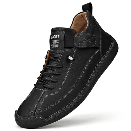 Image of Men'S Hand Stitching Leather Chukka Ankle Boots with Adjustable Elastic Band Casual Slip-On Non-Slip Walking Loafers Retro High Top Flat Shoes