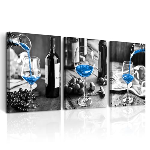 DZRWUBHS Canvas Wall Art For Kitchen Wall Decor For Dining Room Black And White Glasses Wine Painting Modern Blue Wine Wall Pictures Art Prints Artworks Bar Restaurant Home Decorations 3 Piece