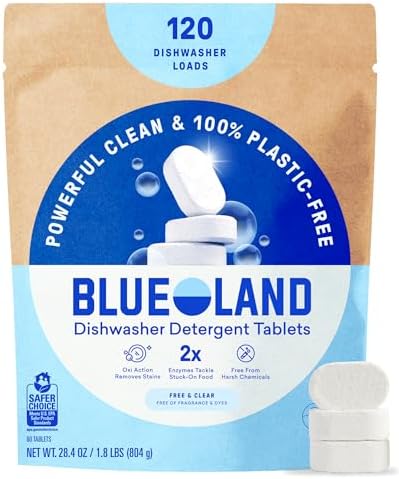 BLUELAND 100% Plastic-Free Dishwasher Detergent Tablets 120ct, Fr...