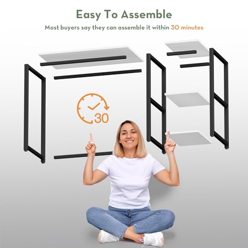 SINPAID 40 Inch Small Computer Desk with Shelves for Small Spaces, Easy Assembly Study Desk, Sturdy Writing Desk for Bedroom & Home Office, Cream White