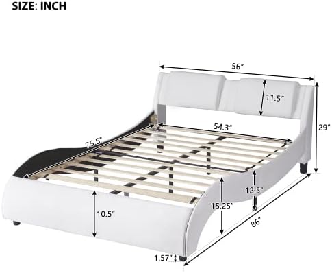 Miniatura 20 de Marco de cama matrimonial con luces LED, moderno marco de cama LED de bajo perfil con cabecero, marco de cama tapizado de piel sintética ondulada de
