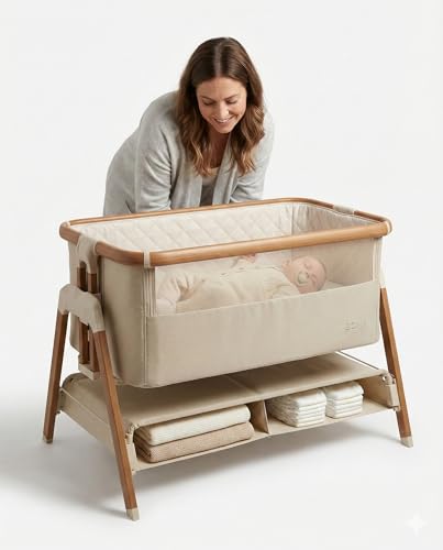 Venture Sona Next To Me Crib Adjustable Baby Bed with Dropside Premium Mattress Breathable Mesh & Storage Shelf - No-Tool Assembly Bedside Baby Crib Bassinet for Newborns 06 Months - Beige