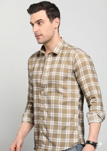 Image of Yuvawear, Men's Full Sleeve Checkered Casual Shirt, Blue, Green, and Cream Plaid Pattern
