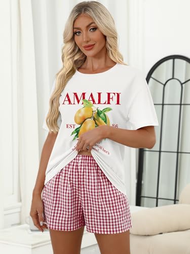 Image of LOGENE Women Two Piece Lounge Pajamas Set Oversized T-Shirts & Boxer Plaid Shorts 2026 Summer Casual Loungewear Comfy Outfits