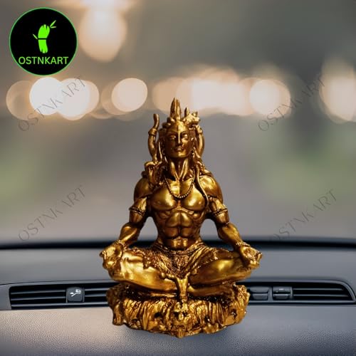Image of Mahayogi Shiva Statue for Car Dashboard - 3.5 Inch Shiv Ji Idol | Golden Resin Showpiece for Home, Office, Pooja Room | Housewarming, Birthday