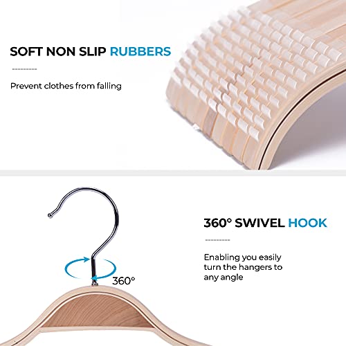 JS Hanger Lightweight Non Slip Wooden Hangers - 10 Pack Heavy Duty Wood Coat Hangers with Soft Stripes for Camisole, Jacket, Dress Clothes, Sweater, Natural Finish