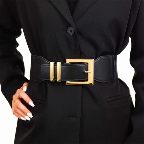Women Elastic Wide Waist Belt Square Gold Buckle Belts for Dress Stretchy Ladies Belt