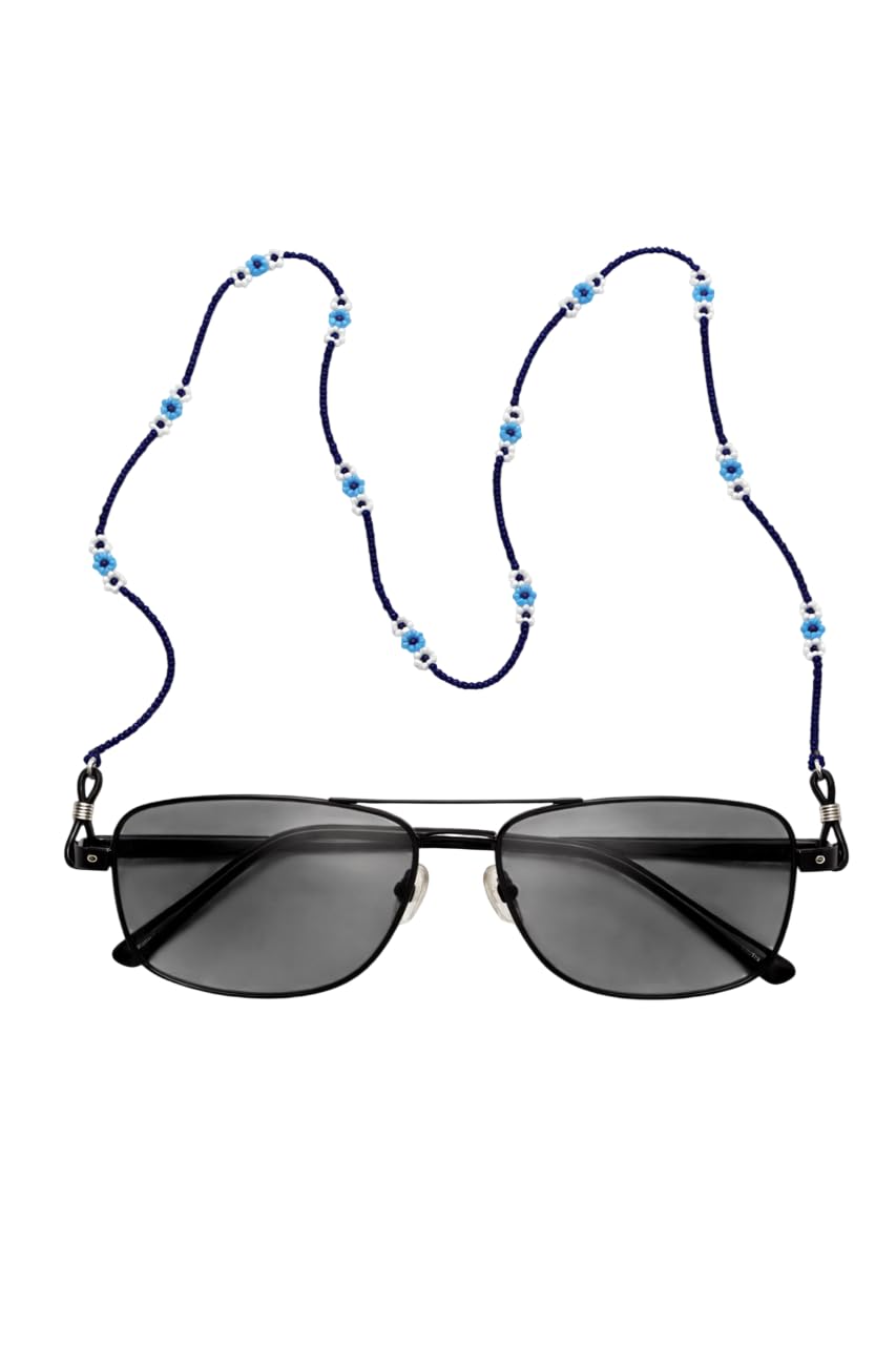 Handgefertigte Perlen-Brillenkette, blau-weißes Blumendesign, 68,6 cm Brillenband für Sonnenbrille und Lesebrille