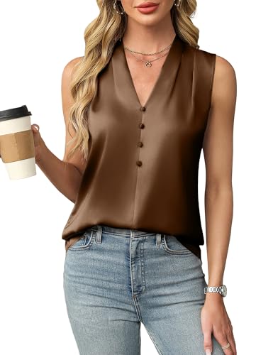 Blooming Jelly Womens Summer Tank Tops Silk Sleeveless Dressy Casual Blouses V Neck Satin Shirts 2025 (XL, Brown)