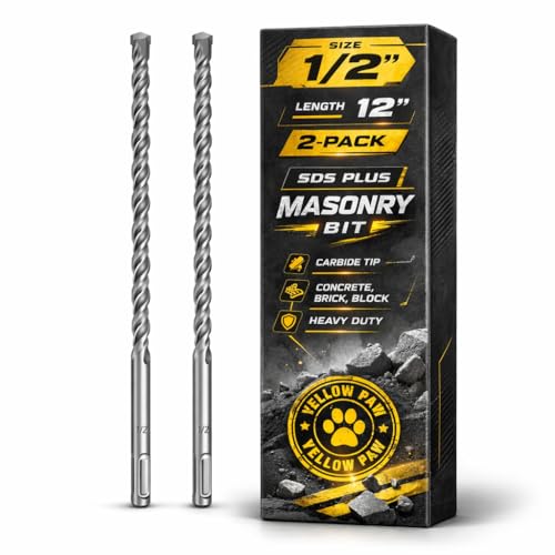1/2 Inch SDS Plus Masonry Drill Bit for Concrete & Brick (2 Pack - 12 Length - Industrial Grade) Fits All SDS Rotary Hammers - Carbide Tipped for Cement Stone Block & More