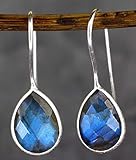  Silber Ohrringe Tröpfchen mit Labradorit - 925 Sterling - Ohrhänger Graublau Edelstein