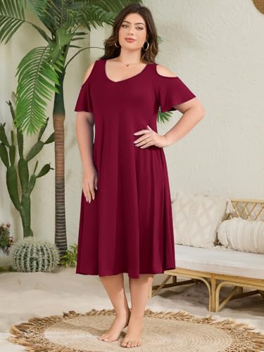 Image of LARACE Plus Size Women Dress for Summer, Midi Women's Sundress, Casual V-Neck Short Sleeve Flowy T-Shirt Dresses with Pockets