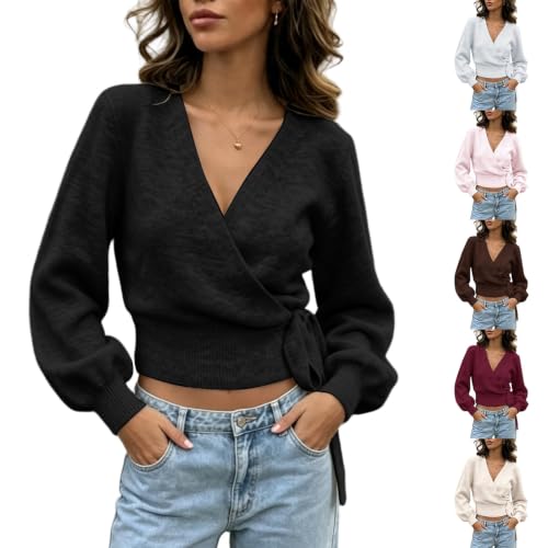 Aniywn Wrap Sweater For Women Cropped Knit Pullover V Neck Tie Waist Top - image 1