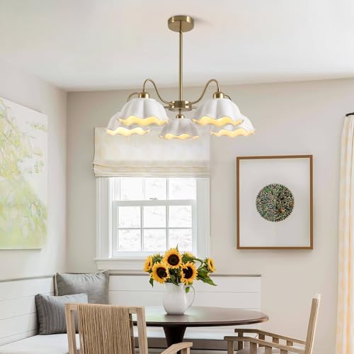 Image of 5-Light Gold Sputnik Chandelier Semi Flush Mount Chandelier Mid Century Modern Sputnik Chandelier with White Ceramic Shade Living Room Finish Brass Chandelier