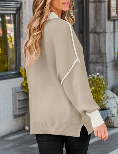 ZESICA Women's Fall 2025 Oversized Sweaters Long Sleeve Color Block Mock Neck Side Slit Comfy Loose Knitted Pullover Tops4