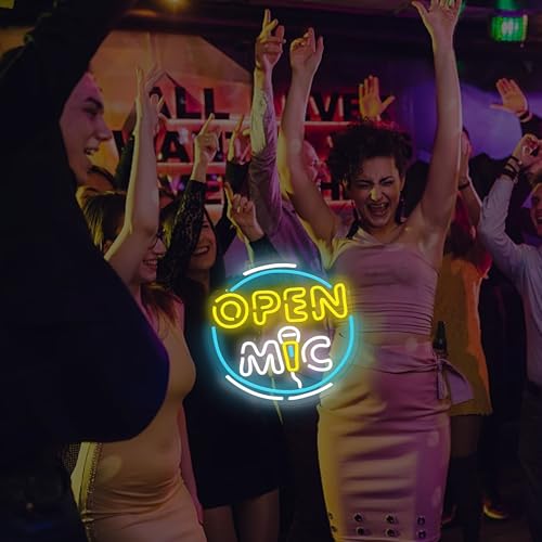 Image of Open Mic Neon Sign for Podcast,Speaker,Music Microphone Led Neon Light Up Sign for Home Bar, Karaoke,Open Stage Nights, Music Studio Party Wall Decoration