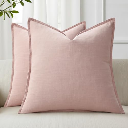 Image of decorUhome Decorative Linen Throw Pillow Covers 18x18 Inch Set of 2 Pink Pillow Covers with Flange Edges Soft Farmhouse Boho Accent Pillow Cases for Couch Bed Living Room