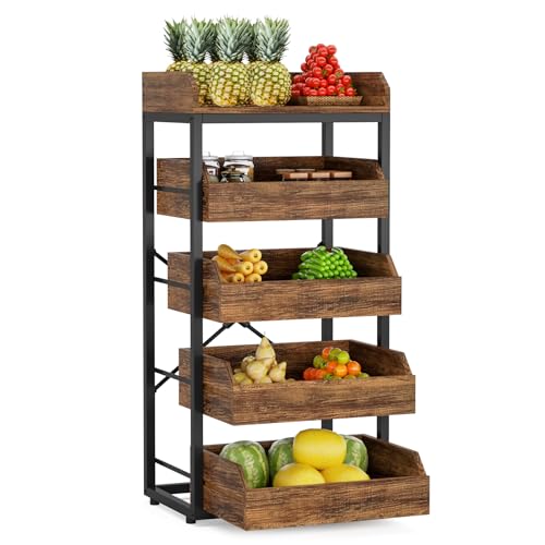 LITTLE TREE 5-Tier Wood Fruit Vegetable Storage Basket Stand, Pull-Out Snack Stand Fruit Basket Stand, Utility Shelf Organizer for Kitchen, Living Room, Bedroom, Rustic Brown