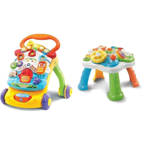 VTech - Super Trotteur Parlant Bébé Pliable Orange, Tableau d'Éveil Détachable & Ma Table d'Activités Bilingue, Table Multi-Jeux Bébé Interactive et...