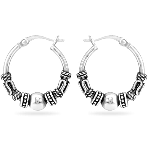 Pendientes de aro Bali de plata de ley 925 con acabado oxidado premium
