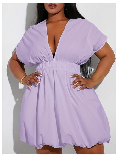 Image of WDIRARA Women's Plus Size Deep V Neck Bubble Dress Short Sleeve A Line Mini Dresses